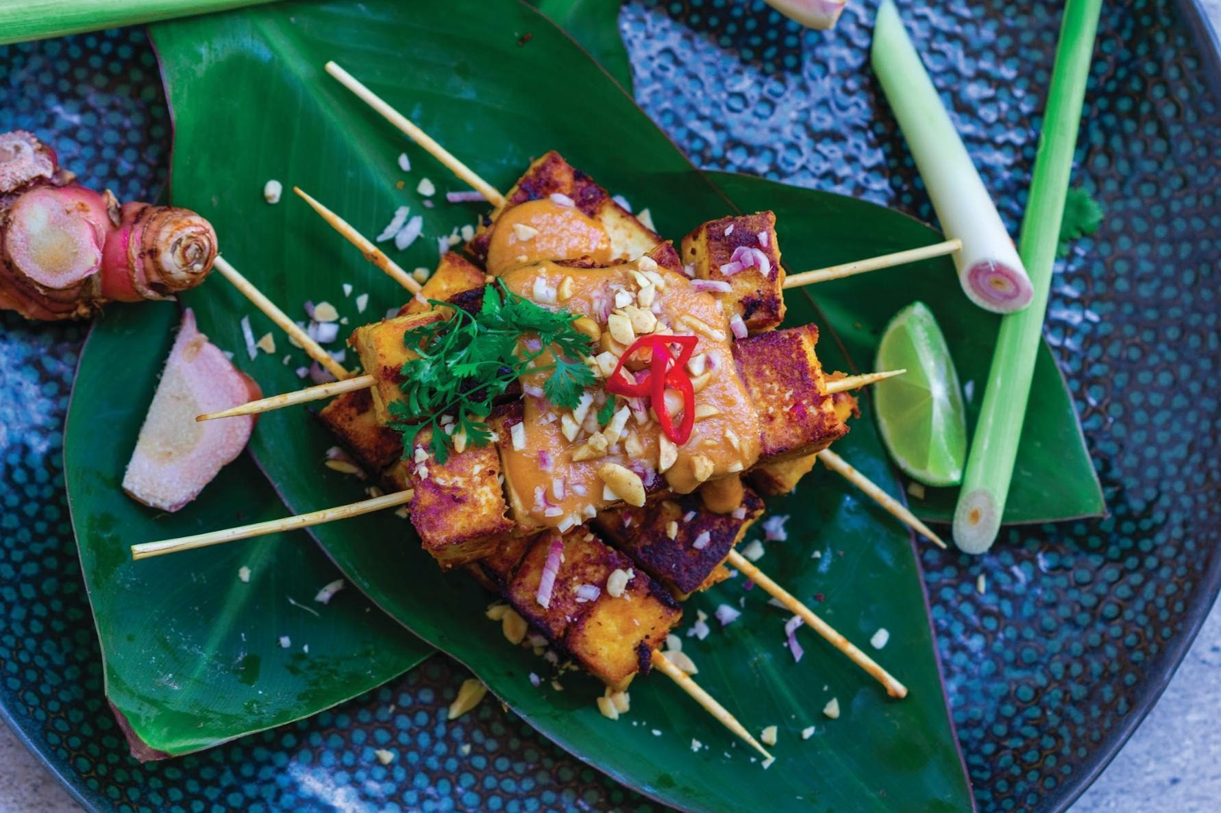 Lemongrass and galangal tofu skewers with peanut satay sauce | Nourish plant-based living
