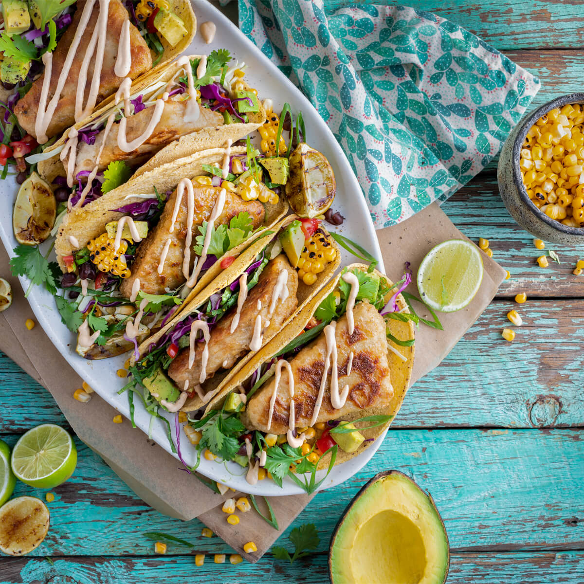 Spread of vegan tacos starring Fry's fish free fillets