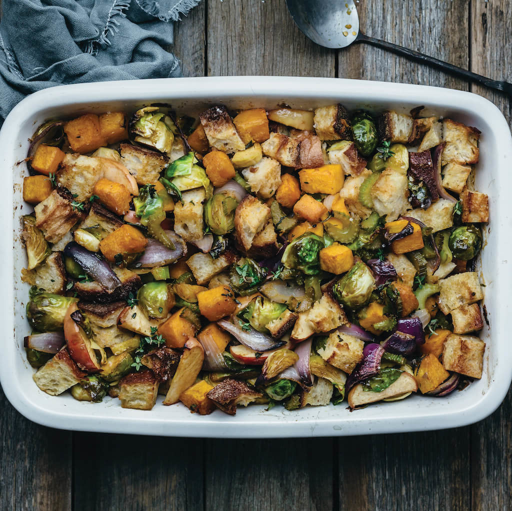 Colourful seasonal roast vegetables with sourdough stuffing – fully vegan festive dining