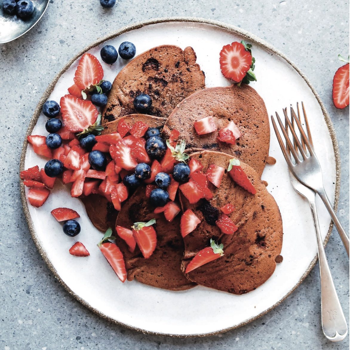 Double chocolate and blueberry weekday pancakes