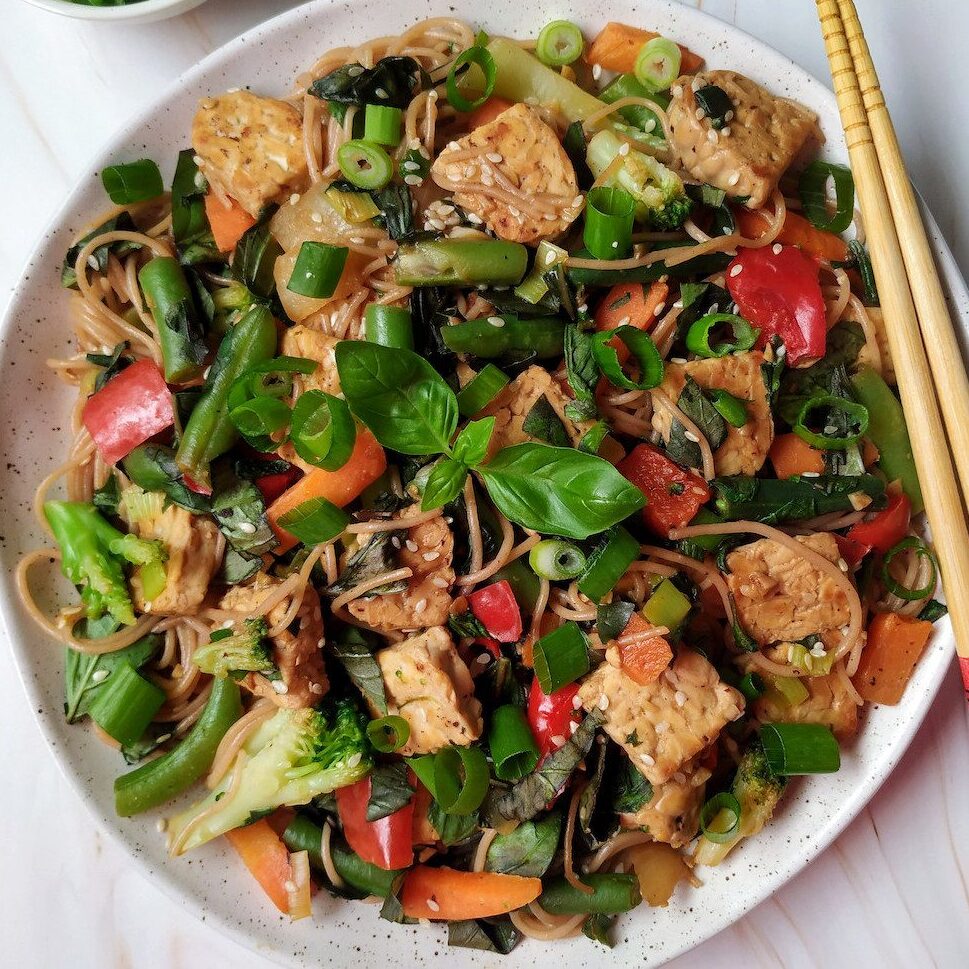 Sesame basil noodles with tempeh