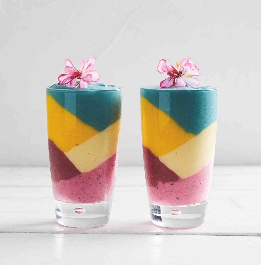 Two glasses of the Rainbow Unicorn smoothie