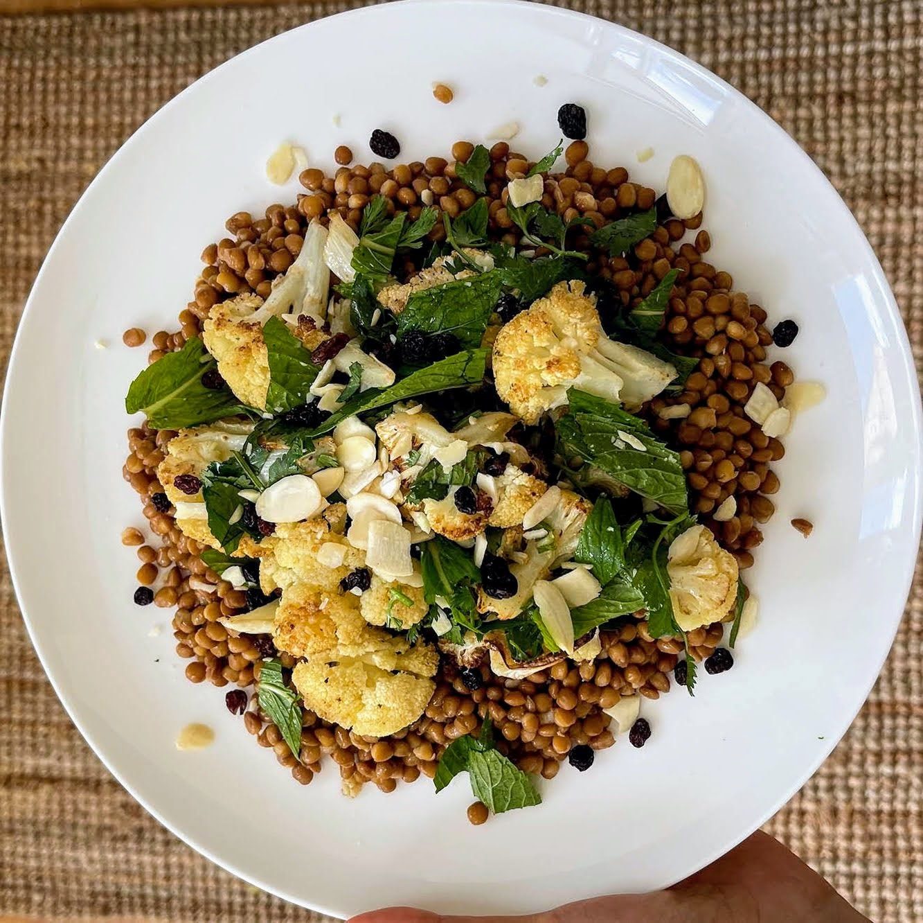 Cauliflower lentil salad, plated