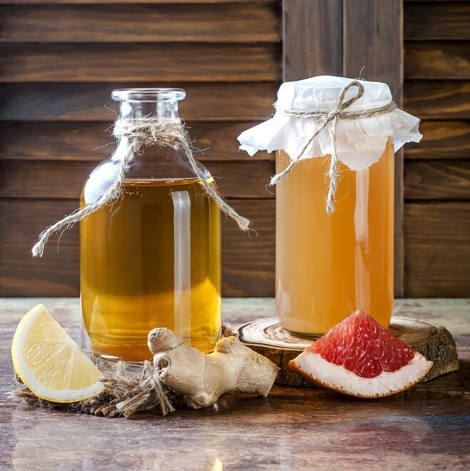 Kombucha - bottle and jar - to illustrate basic recipe by Caroline Hwang