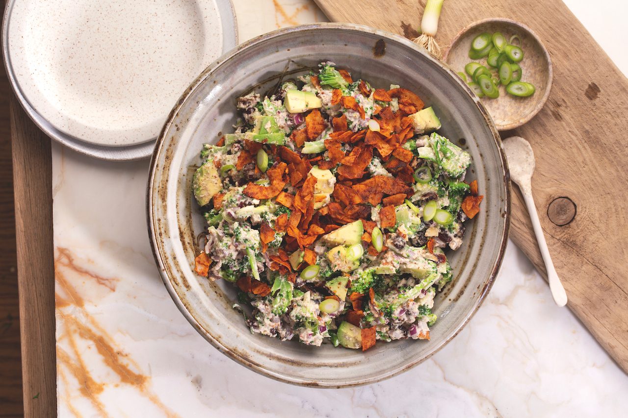 Smoky coconut bakon and creamy raw broccoli slaw | Nourish plant-based living