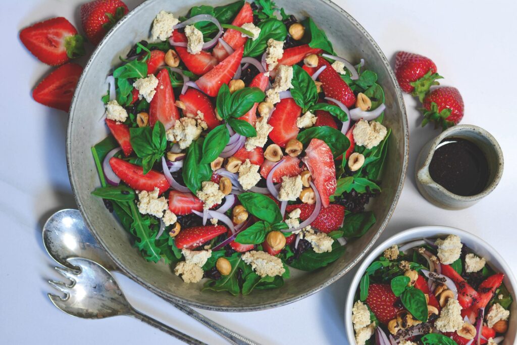 Strawberry salad with black rice, basil, and tofu ricotta | Nourish plant-based living