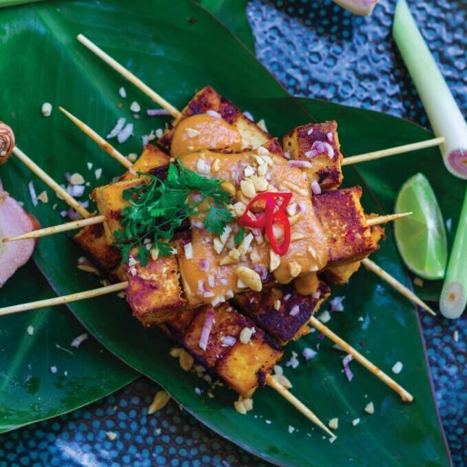 Lemongrass and galangal tofu skewers with peanut satay sauce