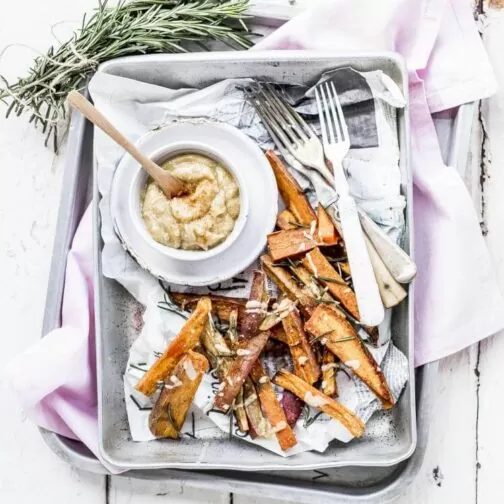 Roasted sweet potato fries with lemon cashew dip