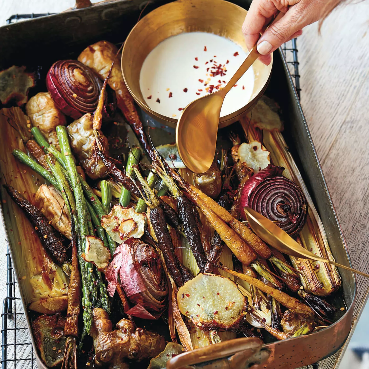 Prebiotic tray bake with tahini drizzle