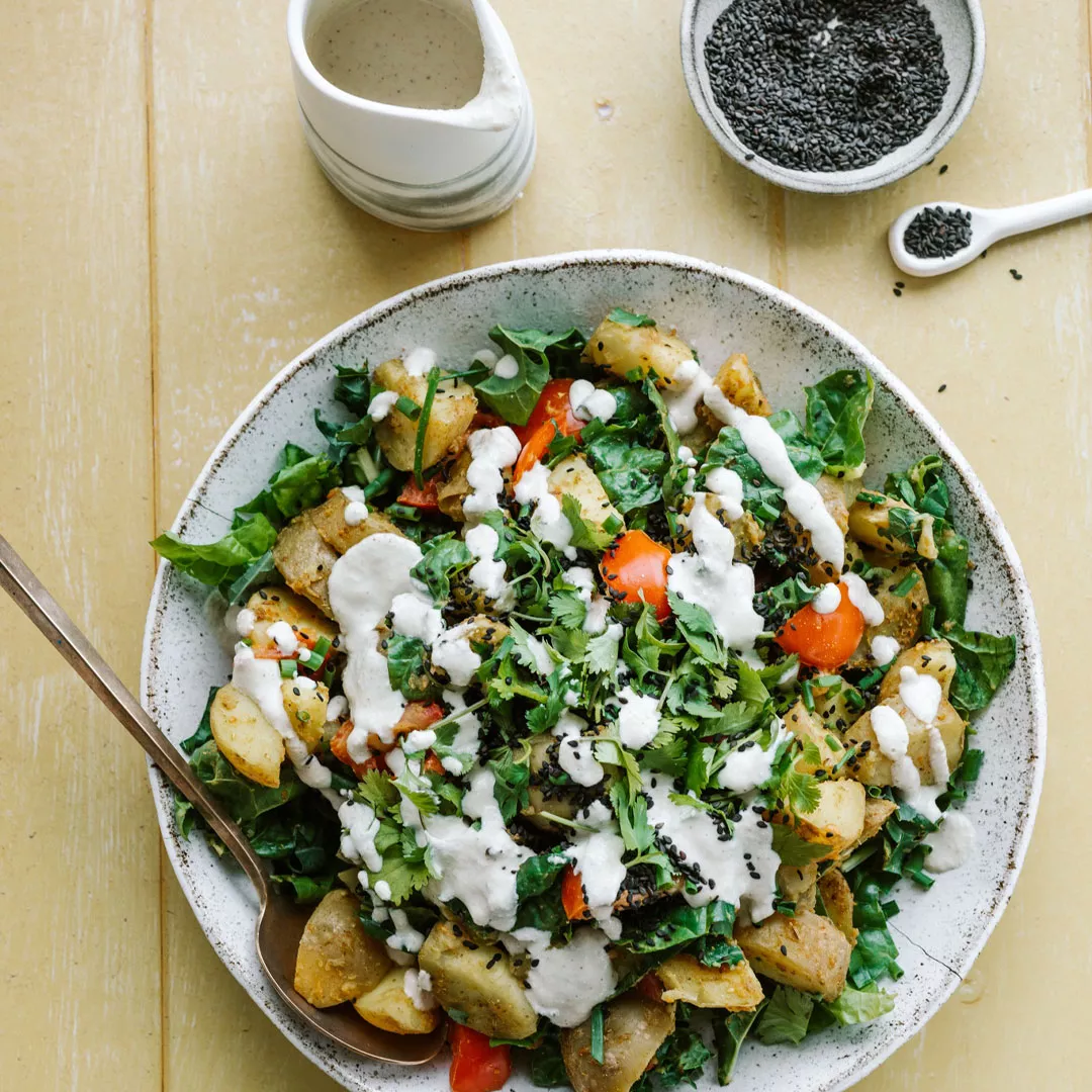 Curried potato salad with cashew dressing