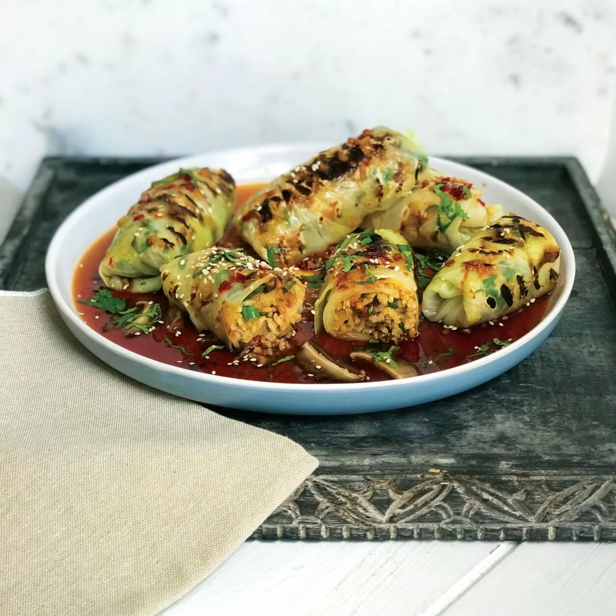 Grilled cabbage wraps with soy glaze