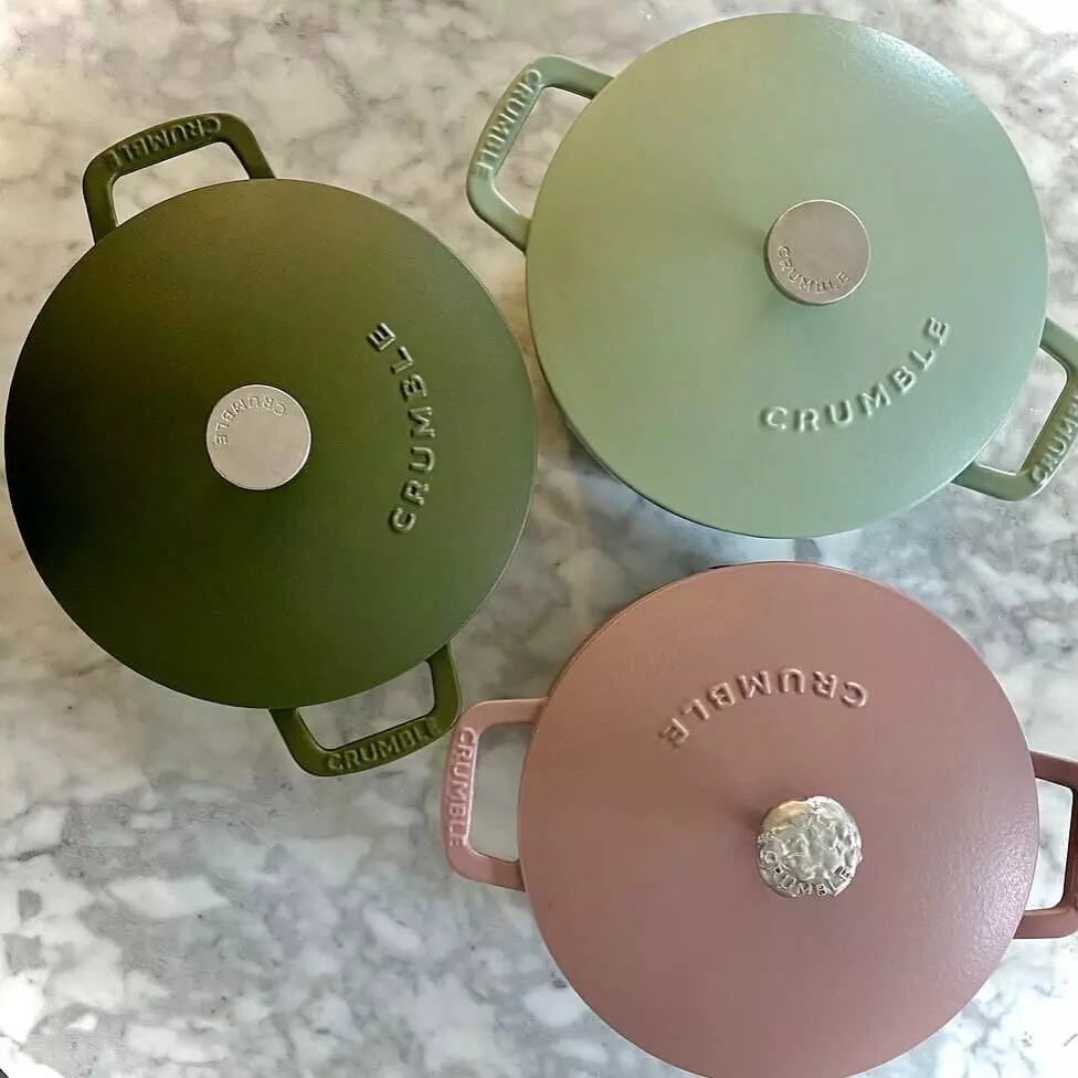 Crumble Co Dutch oven - 3 pots in different colours on marble table - square