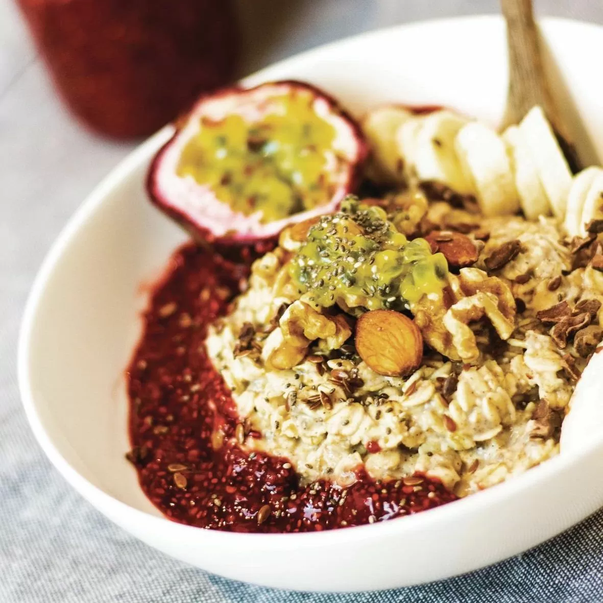 Simon Hill's Gut happy raspberry and passionfruit porridge oats