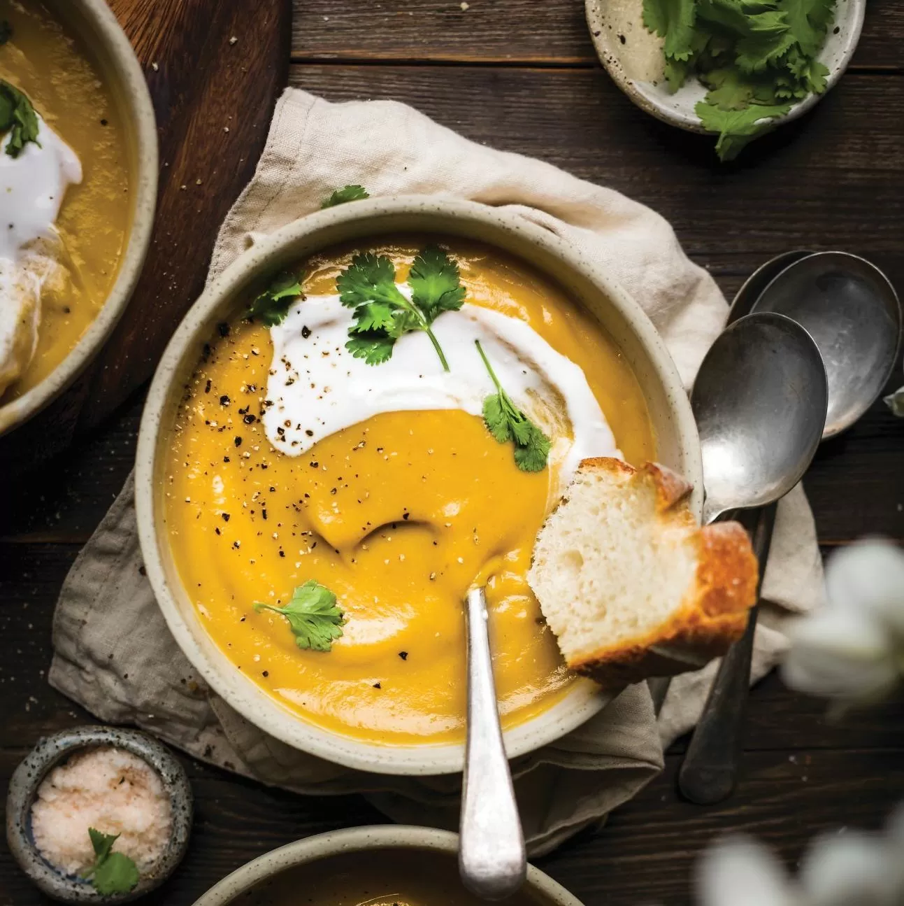Roasted autumn vegetable soup with turmeric and ginger