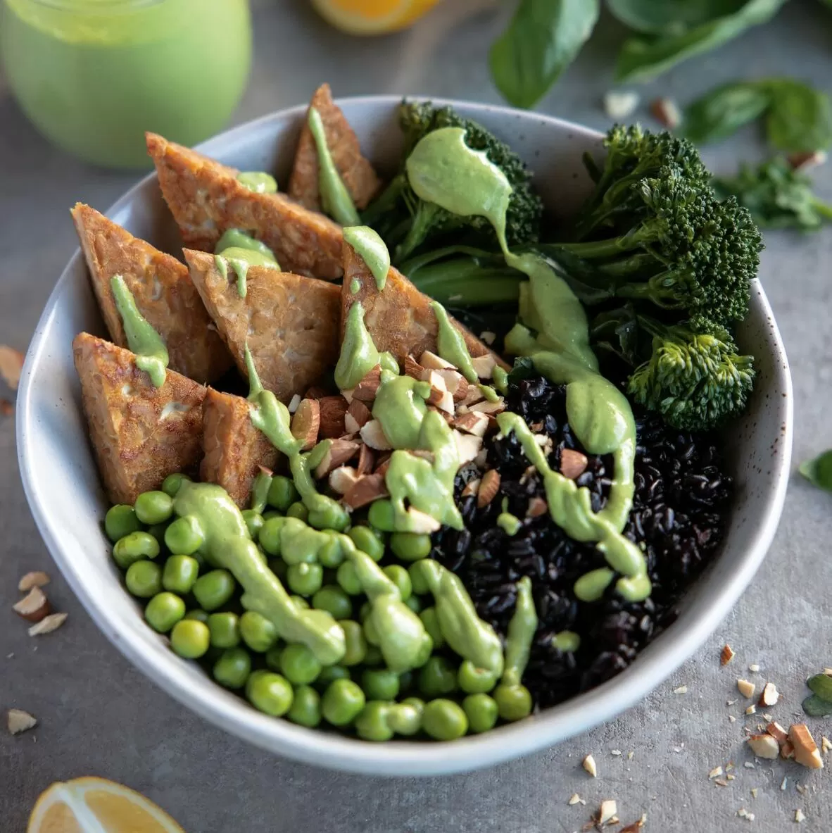 Tempeh Buddha bowl with green goddess dressing