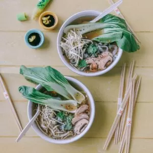 Vietnamese pho bowls with chopsticks