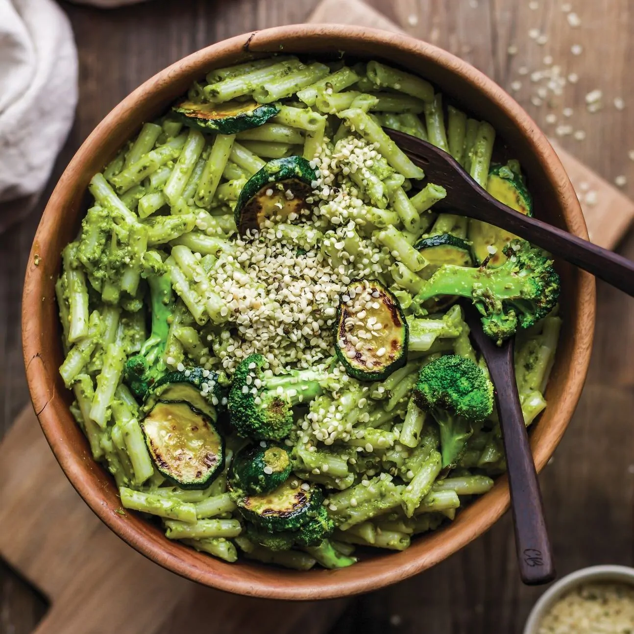 Quinoa pasta with hemp pesto and sautéed greens