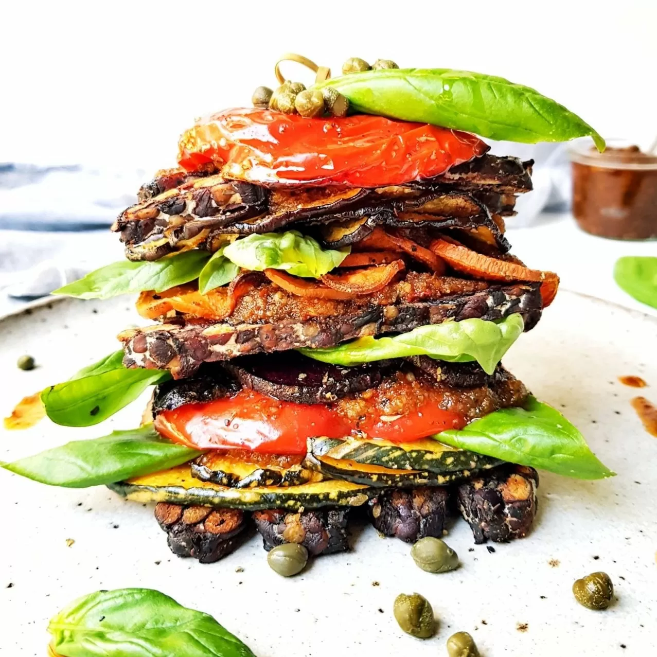 Baked tempeh and vegetable stack