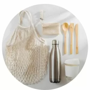 reuseable bag, bottle, cutlery, cup
