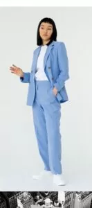 Model in baby blue suit