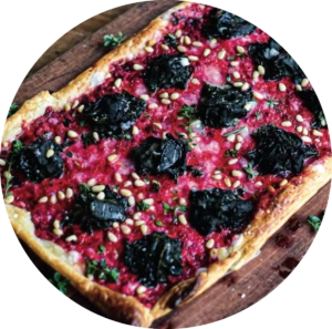 Beetroot galette on wooden board