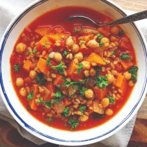 Claire Power's barley soup in blue-rimmed bowl with spoon