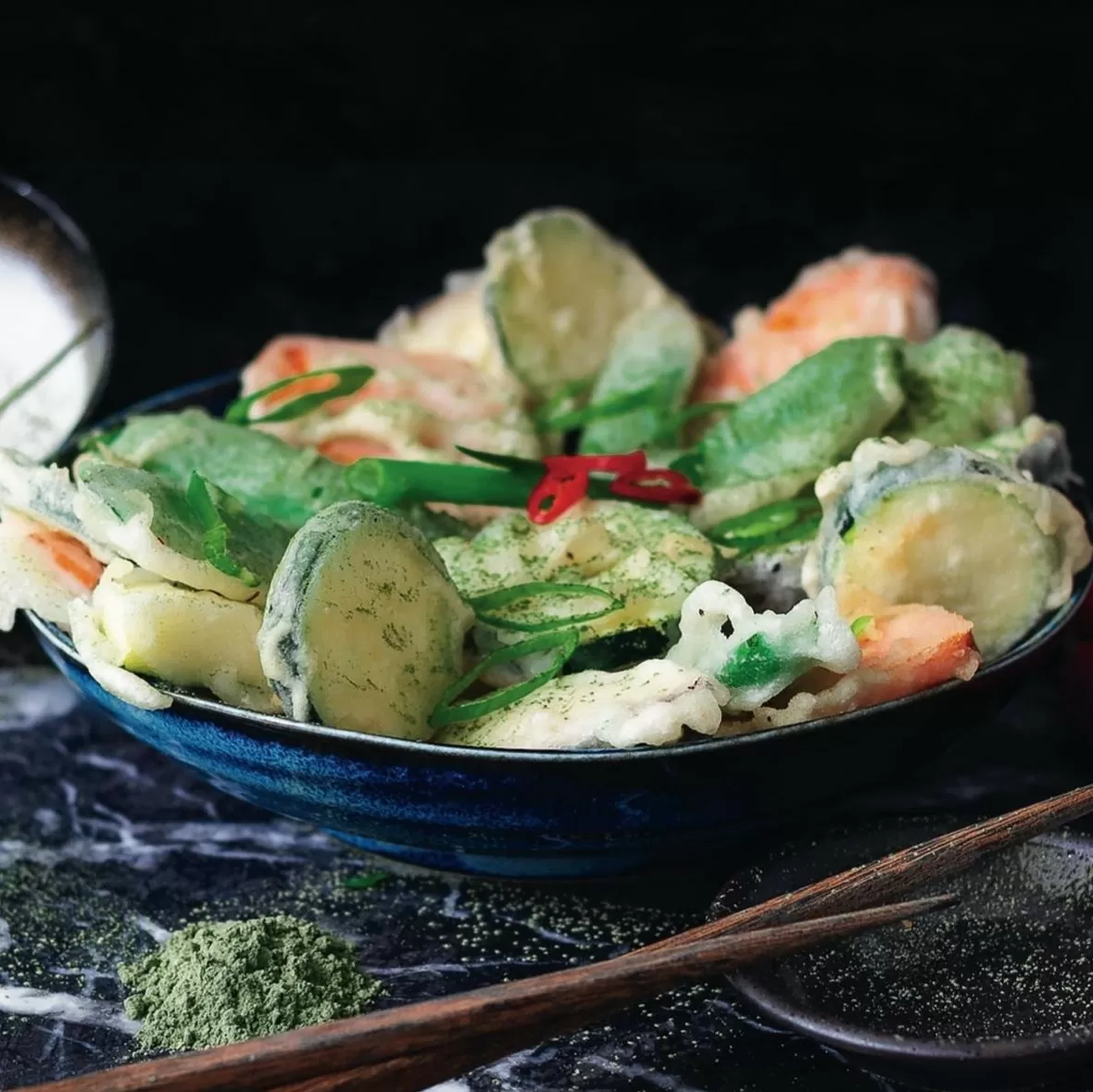 Tempura veggies with wasabi dust