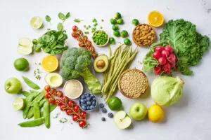 Healthy whole plant foods flatlay - by Asya Nurullina on Shutterstock