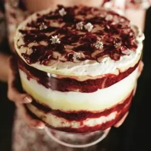 Hands holding trifle showing bright layers of raspberry and cream filling, topped with raspberry coulis and edible flowers