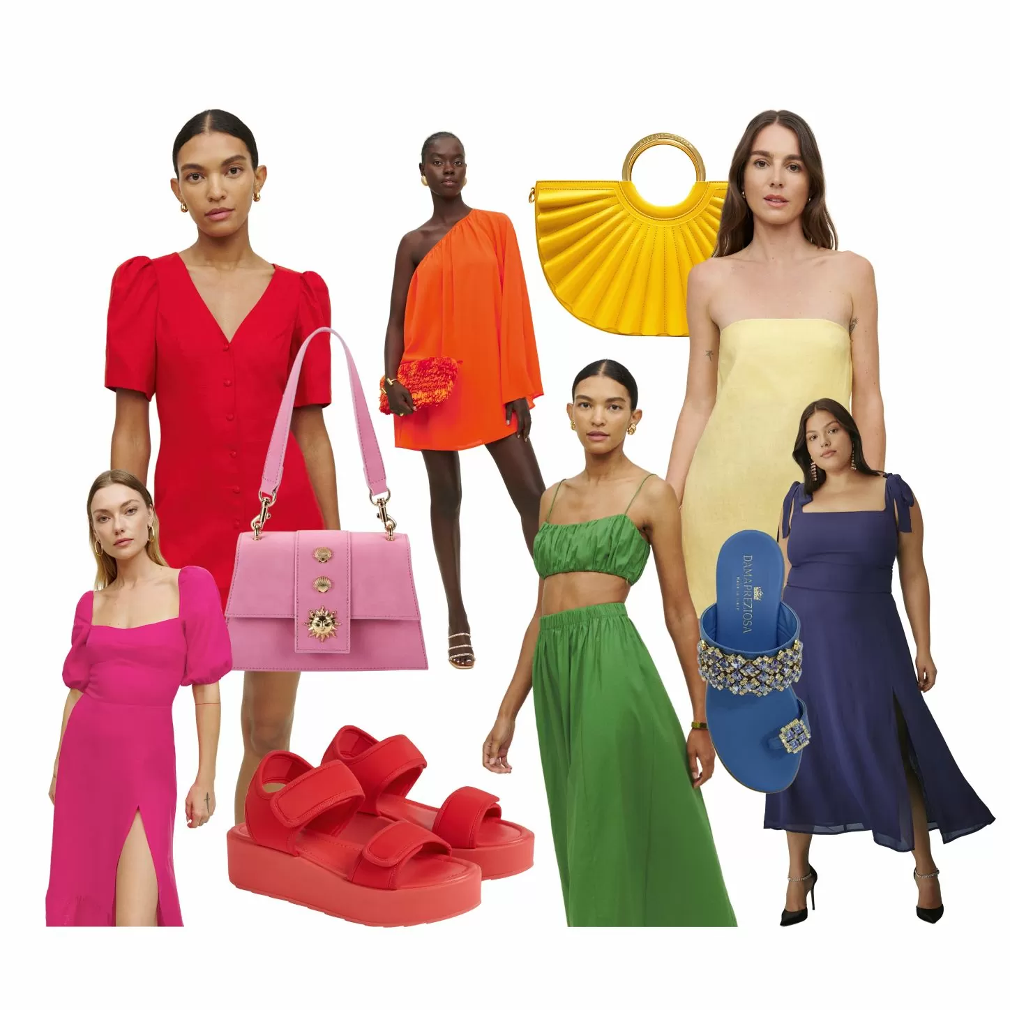 Array of colourful outfits, accessories and footwear from vegan brands