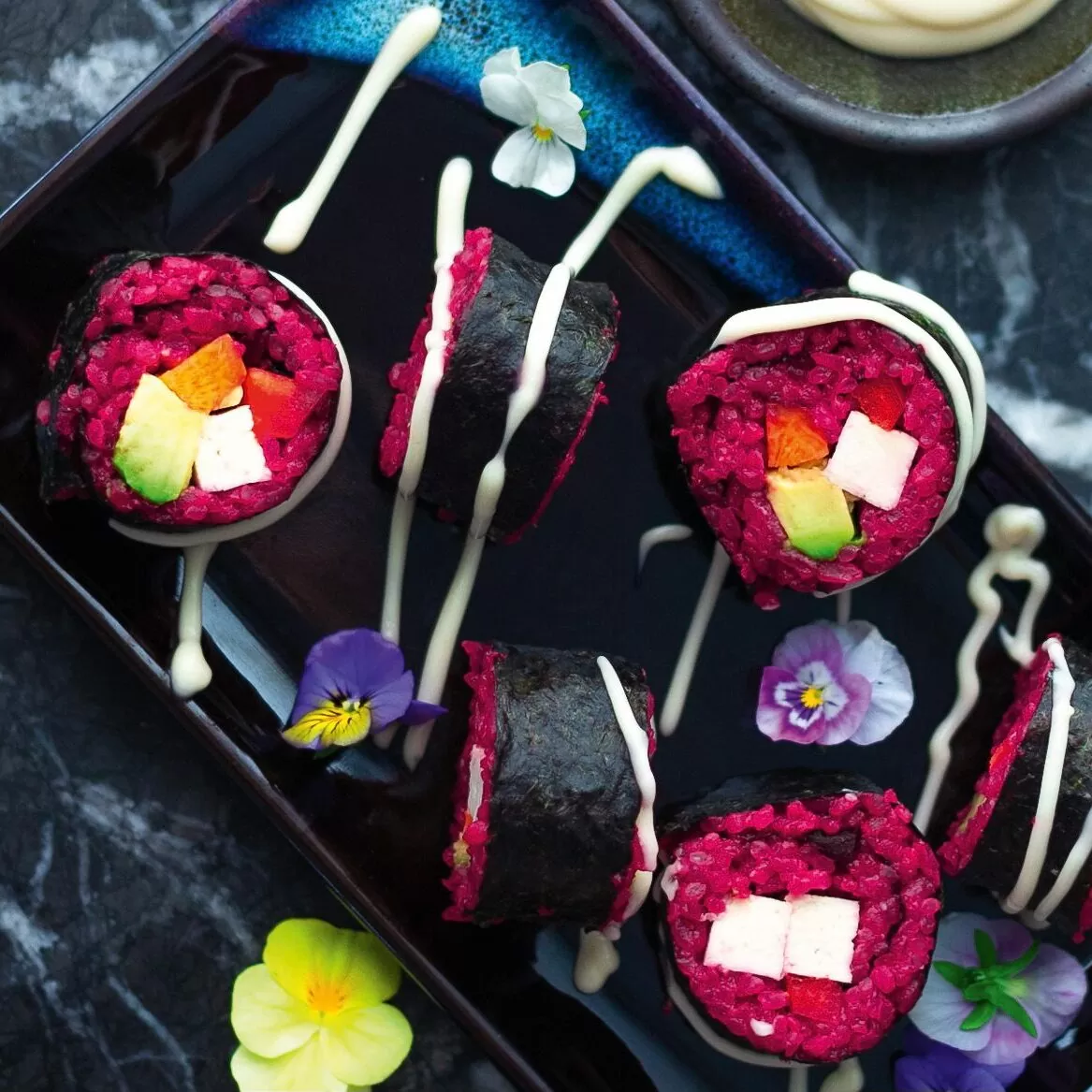 Red sushi with garlic mayo