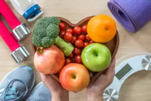 Plant-based wholefoods, weights, trainers, yoga mat